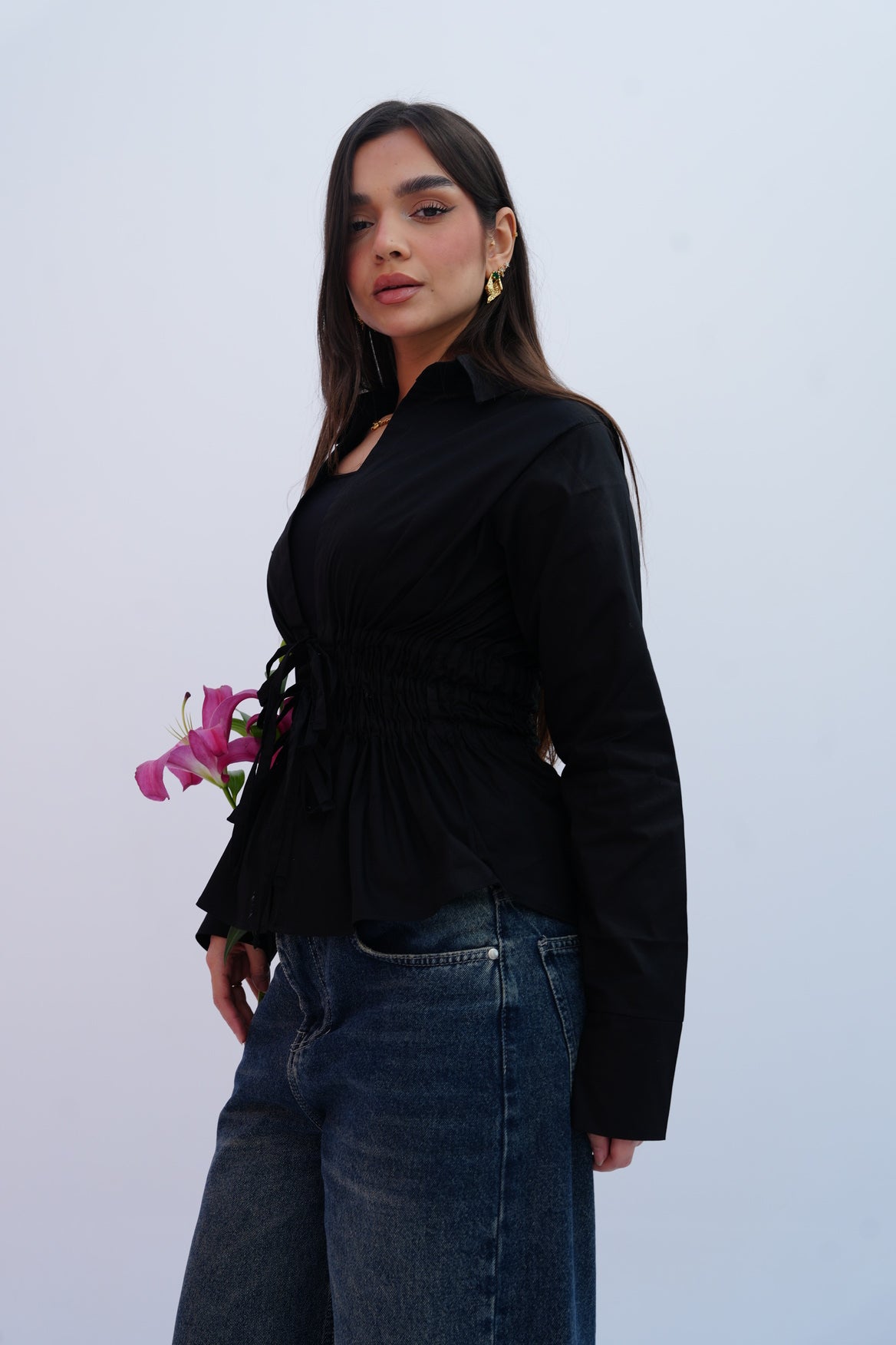 Cinched Ribbons Shirt In Black