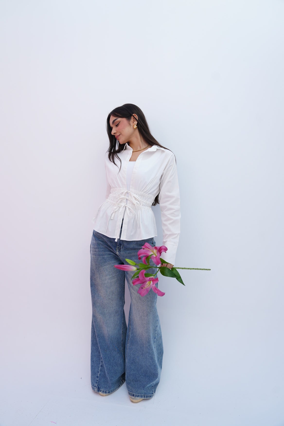 Cinched Ribbons Shirt In White