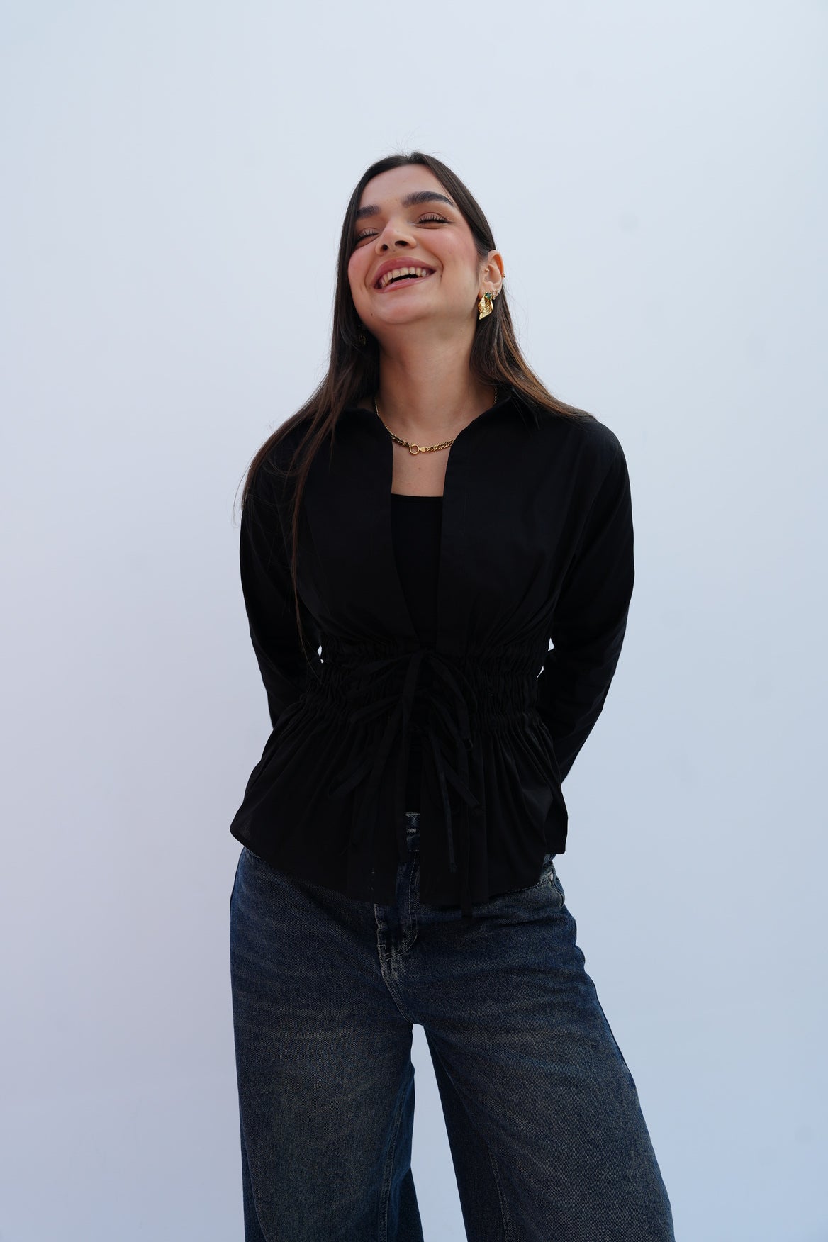 Cinched Ribbons Shirt In Black