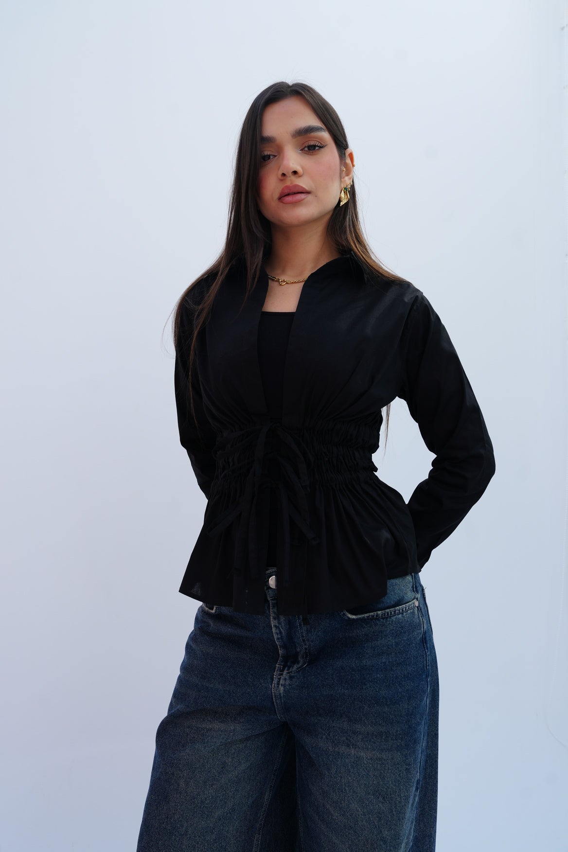 Cinched Ribbons Shirt In Black