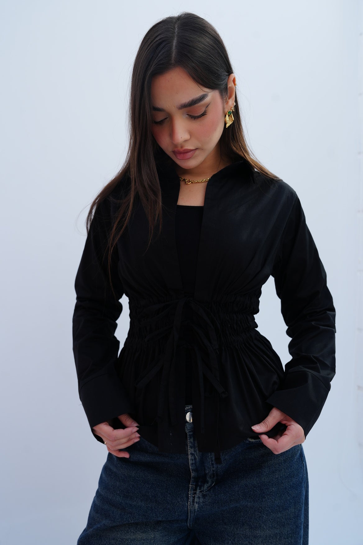 Cinched Ribbons Shirt In Black