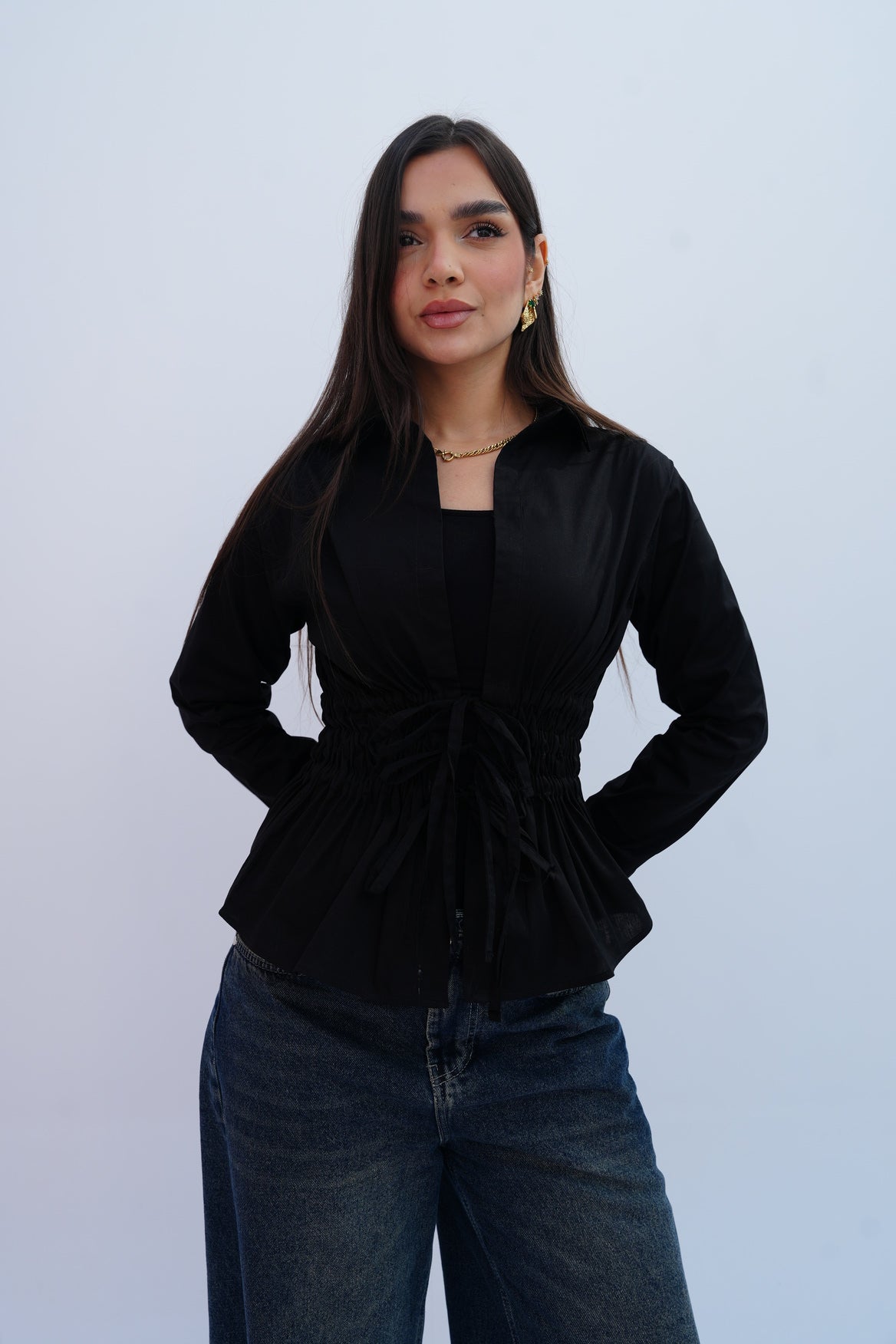 Cinched Ribbons Shirt In Black