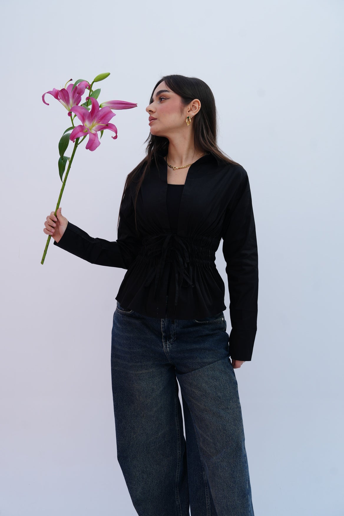 Cinched Ribbons Shirt In Black