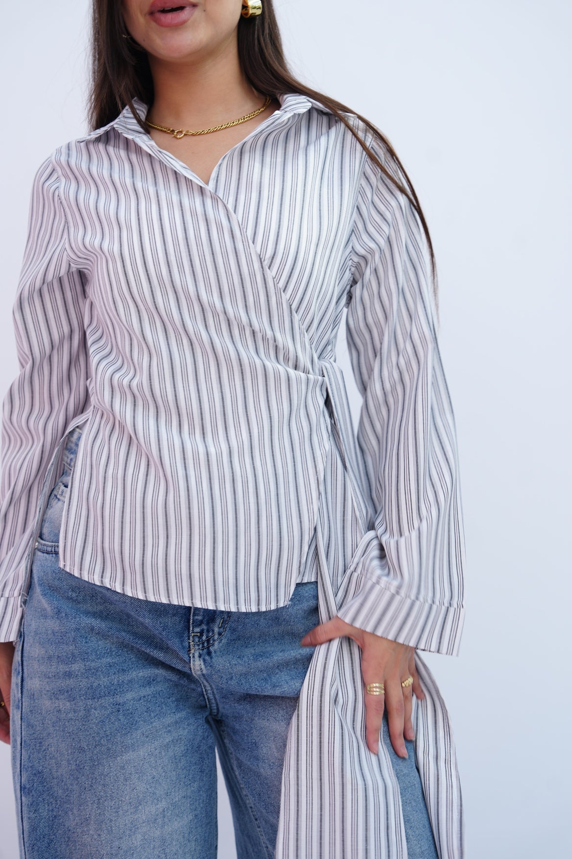 Grey Stripes Wrap Blouse