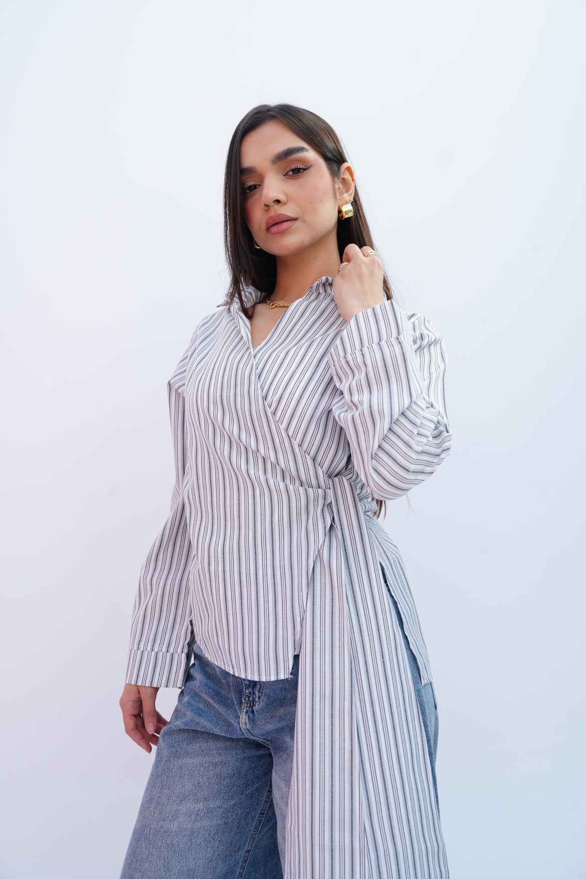 Grey Stripes Wrap Blouse