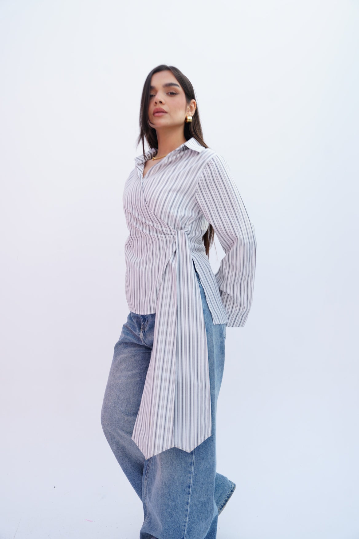 Grey Stripes Wrap Blouse