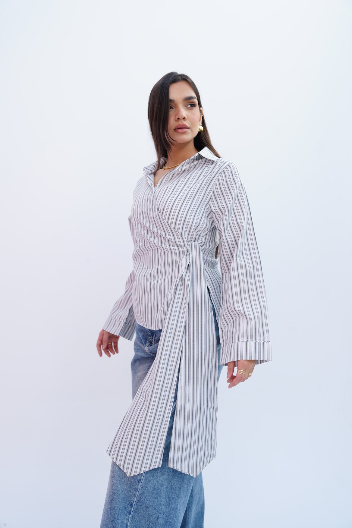 Grey Stripes Wrap Blouse