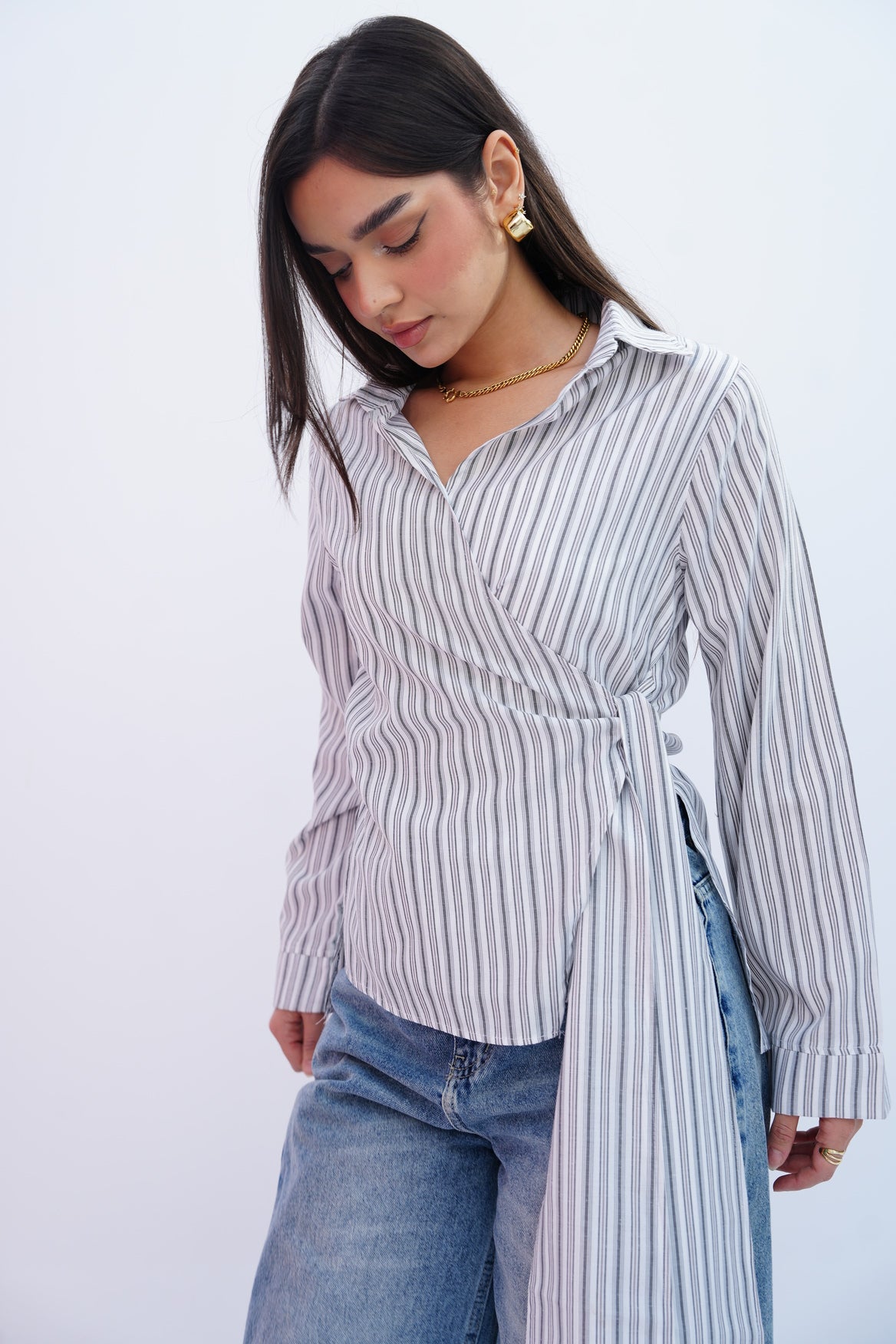 Grey Stripes Wrap Blouse