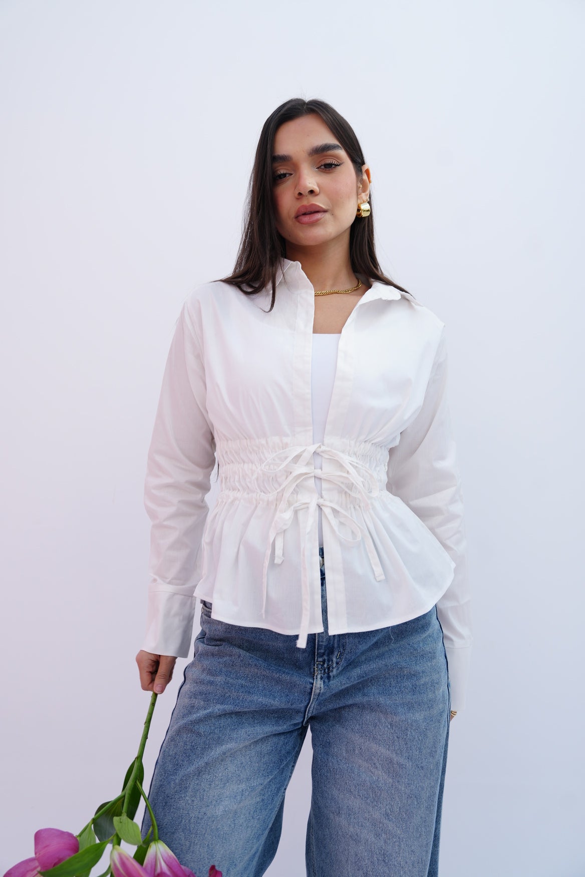 Cinched Ribbons Shirt In White