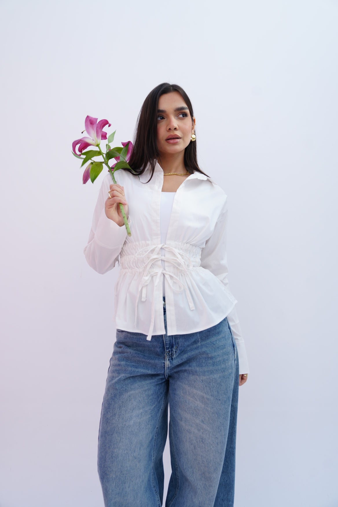 Cinched Ribbons Shirt In White