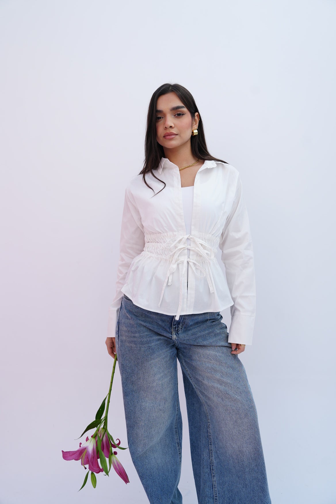 Cinched Ribbons Shirt In White