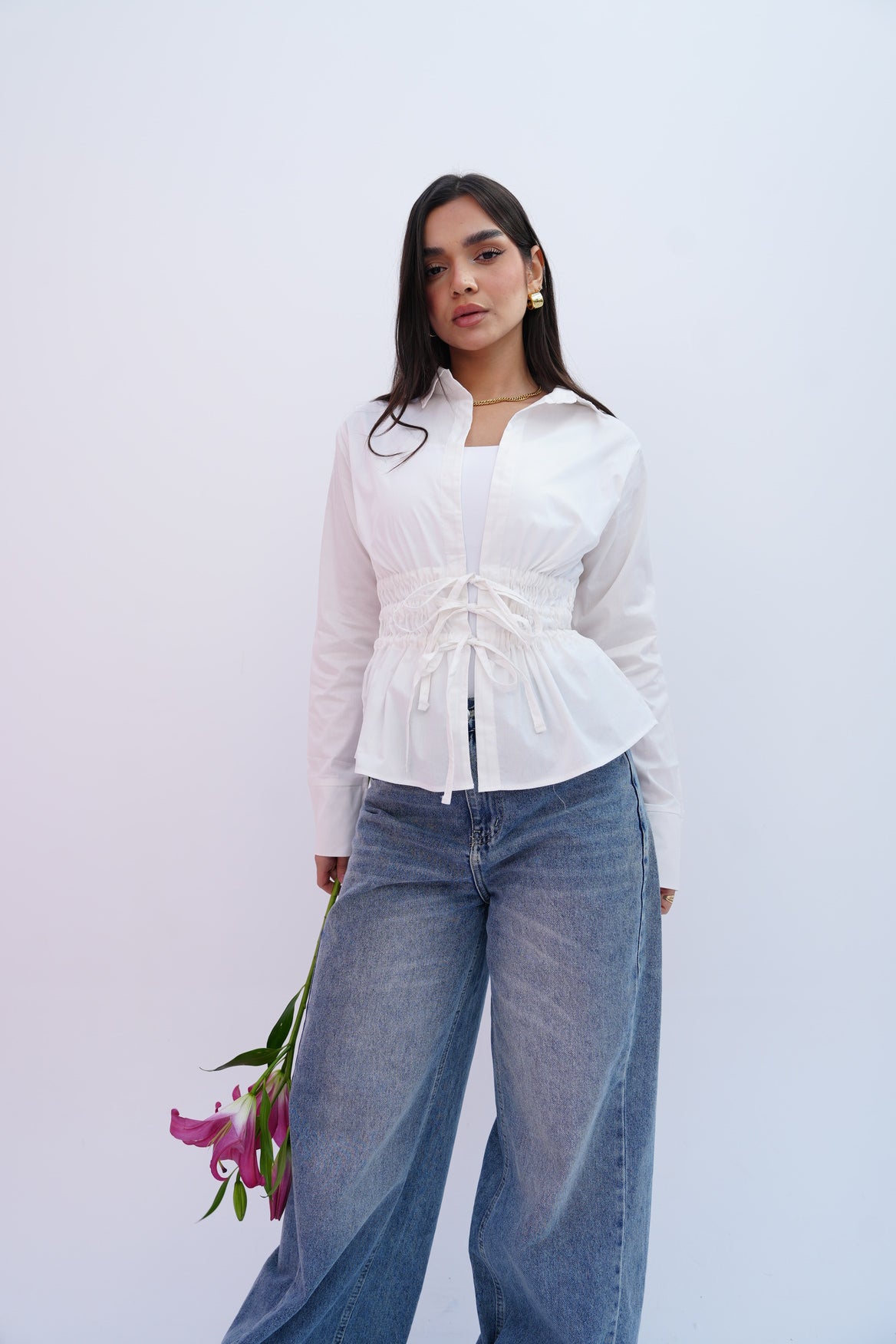 Cinched Ribbons Shirt In White