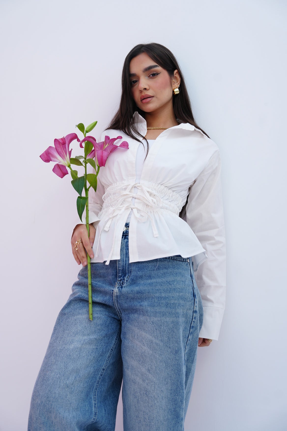 Cinched Ribbons Shirt In White