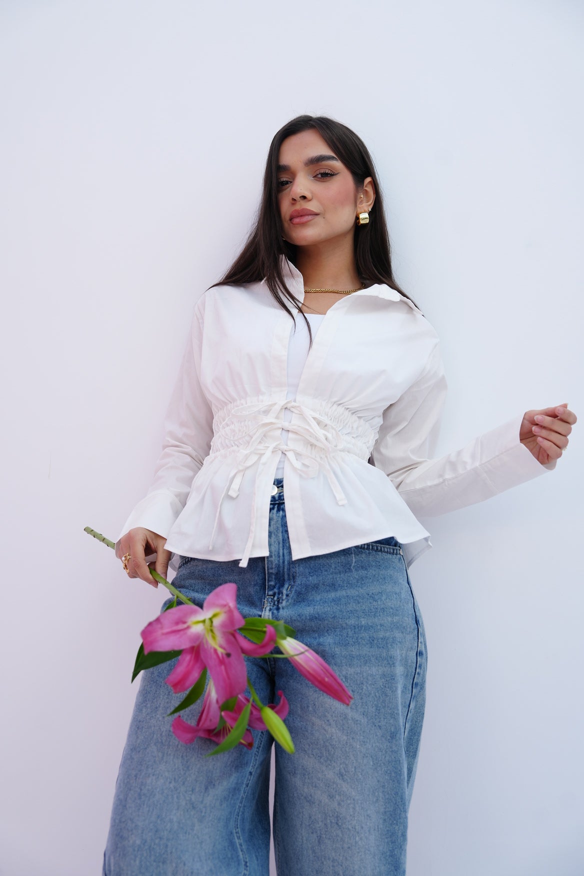 Cinched Ribbons Shirt In White