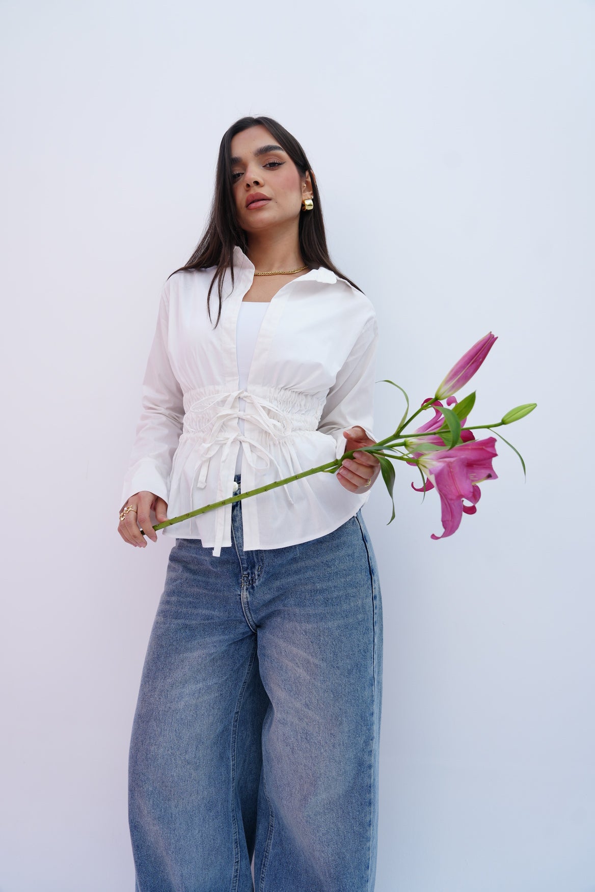 Cinched Ribbons Shirt In White