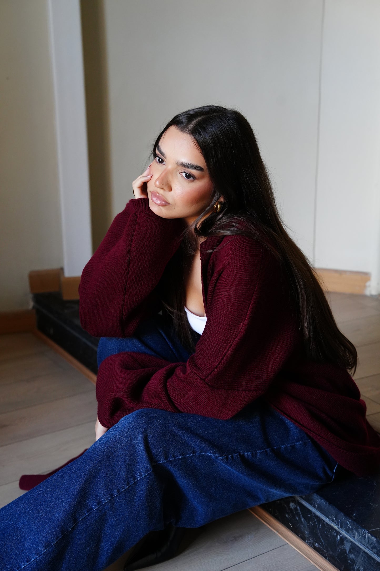 Knit Cardigan In Burgandy