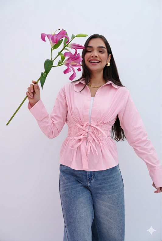 Cinched Ribbons Shirt In Pink
