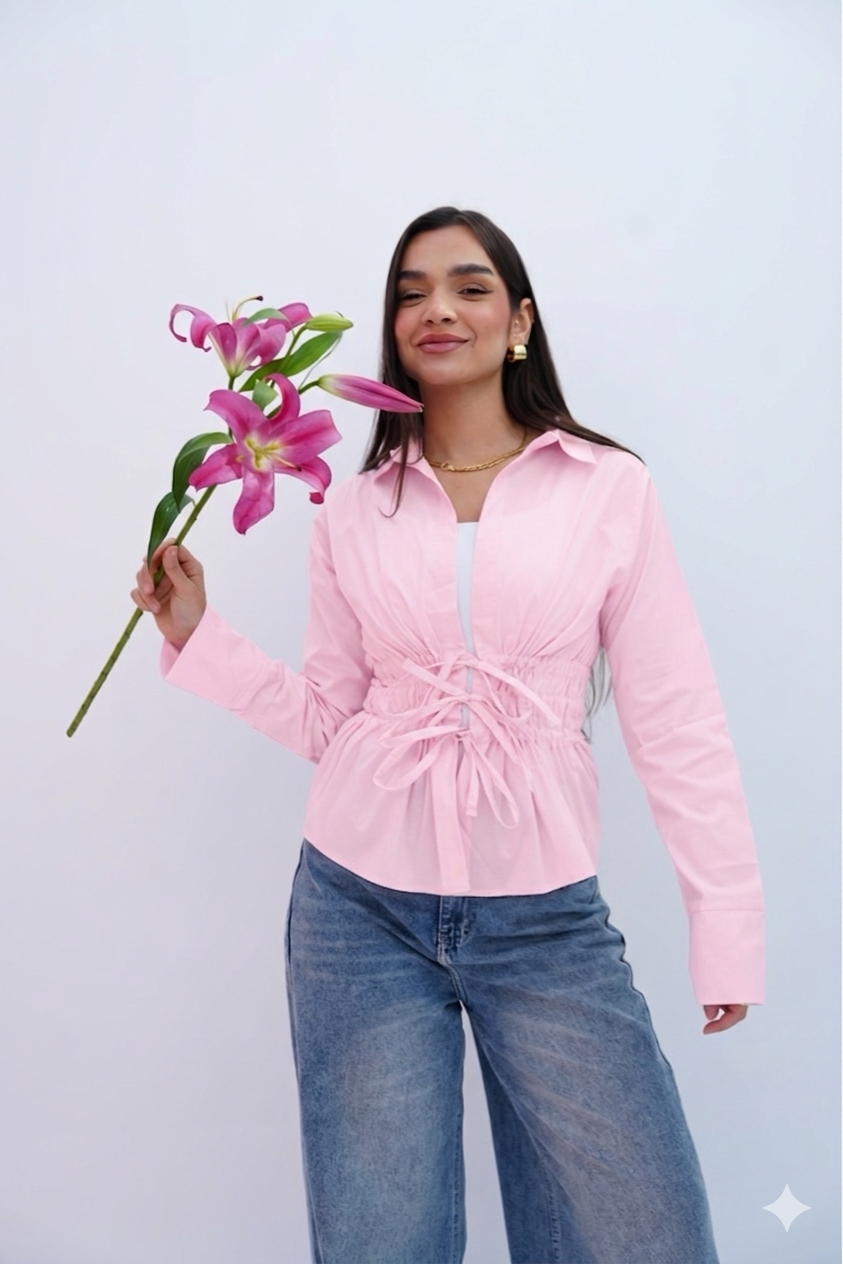 Cinched Ribbons Shirt In Pink